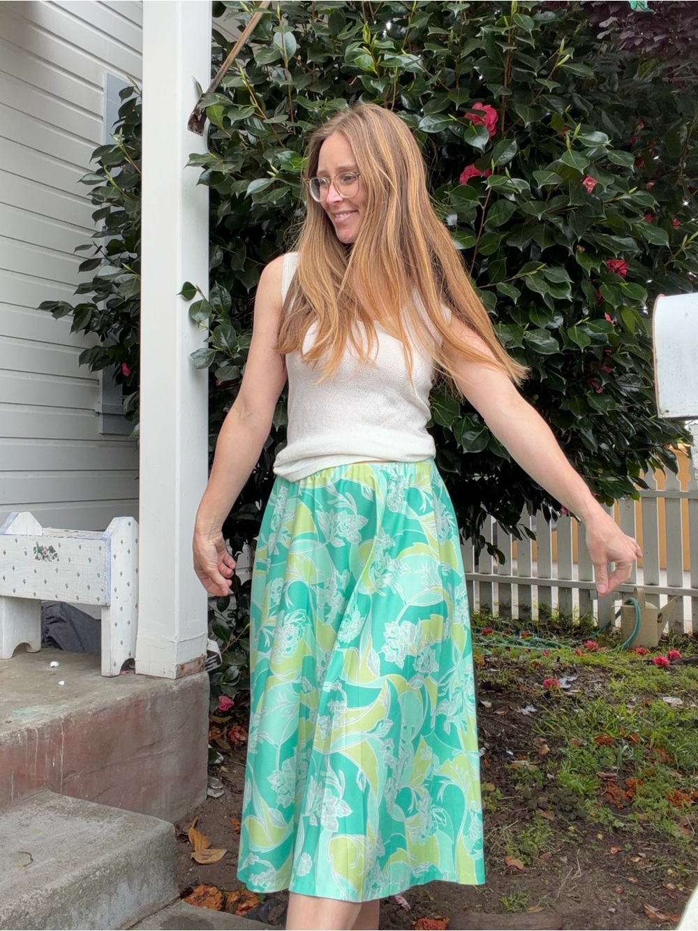 Vintage 60s/70s Floral Mint A-Line Midi Skirt